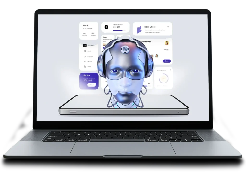 a laptop with a robot head on the screen